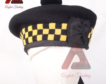 Scottish Highlander KILT Hat 100% Black Wool Bonnet Hat yellow & Black DICED Cap Military Piper BALMORAL Traditional Kilt Cap Celtic Hats
