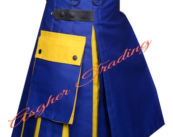 Falda escocesa híbrida azul y amarilla estilo Highland Dress para hombre.