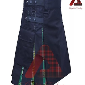 Black Cotton Utility Kilt: Irish Tartan Hybrid, Custom Size