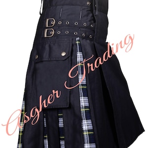 Handmade Black Cotton With Dress Gordon Tartan Hybrid Utility Kilt - Men's Custom Size kilts