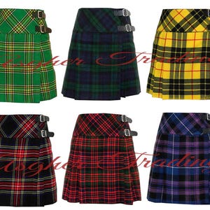 Tartan minirok: handgemaakte geplooide Schotse kilt met leren bandjes