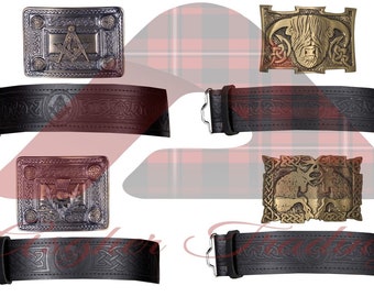 Cinto Kilt de Couro com Relevo: Fivela Antiga das Terras Altas Escocesas, 2 Polegadas