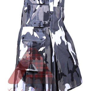 Men&#39;s Premium Handmade Urban Camouflage Cargo Utility Kilt - Urban Camo kilt - Army Kilts - Four Pockets with Black Accessories