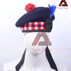 Scottish Highlander KILT Hat 100% Navy Blue Wool Bonnet Hat Red Blue & White DICED Military Piper BALMORAL Celtic Cap Traditional Kilts Hat