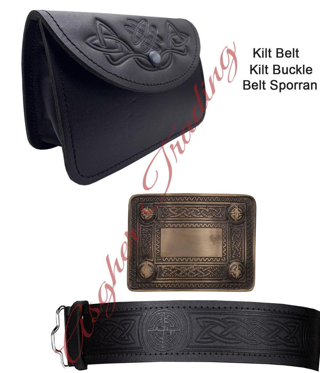 Scottish Highland Men's Kilt Accessories 3-Piece Set – Sporran, Belt, Kilt Pin