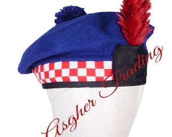 Scottish Balmoral Kilt Hat: Royal Blue Wool, Red & White Diced