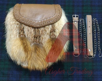 Highland Traditional Kilts Sporran Scottish Semi Dress BROWN FOX Fur Real Leather kilt SPORRAN Hand Engraved Tassels with Chain & Strap