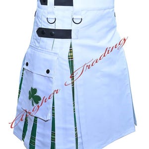 Handgemaakte hybride utility-kilt van witte katoen en Ierse tartan - kilts aangepast formaat