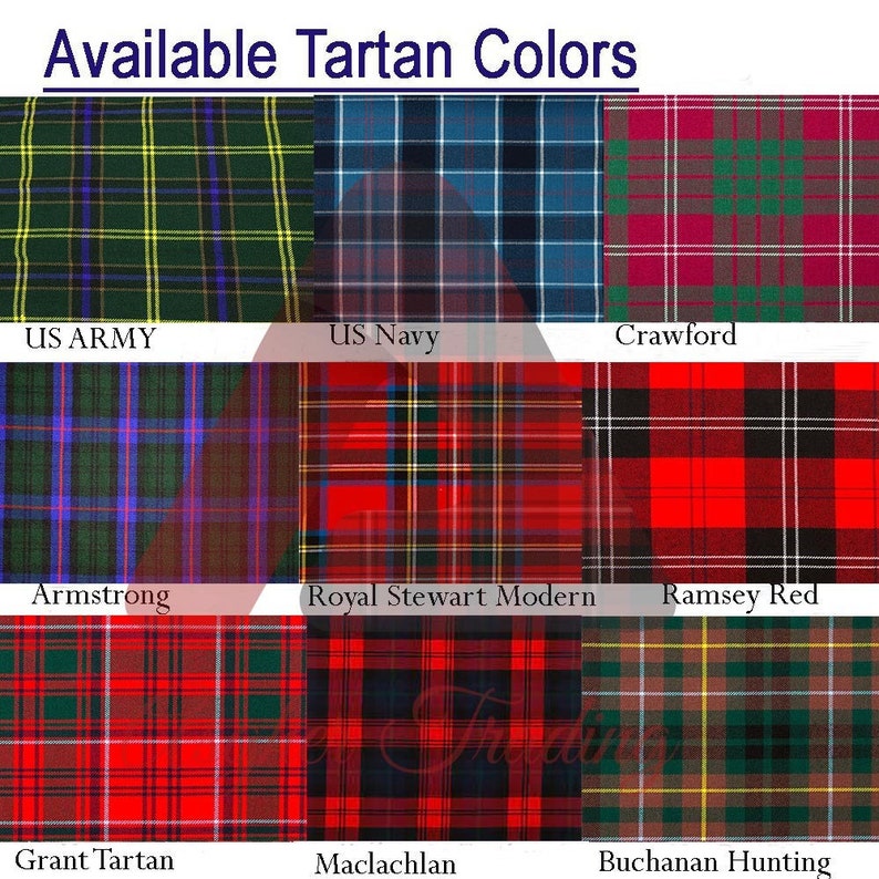 Op de afbeelding: Een collage van negen verschillende tartanpatronen, elk met een unieke kleurencombinatie. De patronen zijn gelabeld met namen zoals "US Army", "US Navy", "Crawford", "Armstrong", "Royal Stewart Modern", "Ramsey Red", "Grant Tartan", "Maclachlan" en "Buchanan Hunting".