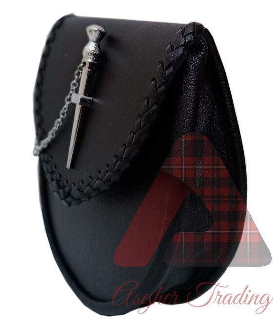 Borsa Cintura Celtica Scozzese Sporran In Vera Pelle Nera Con Motivo