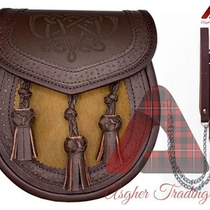 Robe complète écossaise marron à trois cardères kilt sporrane 100 % cuir véritable - sac sporran gravé au laser - glands gravés à la main