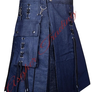 Men's Utility Blue Denim Kilt With Detachable Pockets  - Scottish Handmade Modern Kilt Highland Men Custom Size Kilts - 30" To 60" Waist