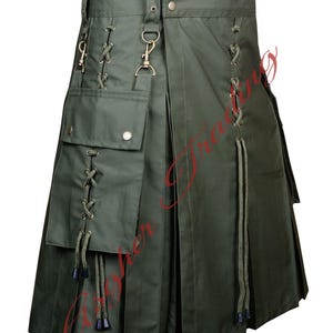 Handmade Olive Green Cotton Utility Kilt: Detachable Pockets, Modern Menswear