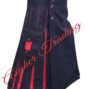 Handmade Scottish Cotton Utility Kilt: Black with Red Accent