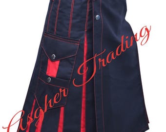 Kilt utilitario de algodón escocés hecho a mano: negro con detalles en rojo