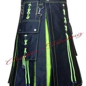 Handmade Black Cotton Hybrid Kilt: Neon Green Underpleats, Utility Design