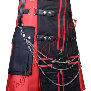 Scottish Handmade Men's Black Gothic Utility Kilt with Pockets - Red & Black Cotton Tactical Kilt, Utility Kilt with Chains - Made To Order