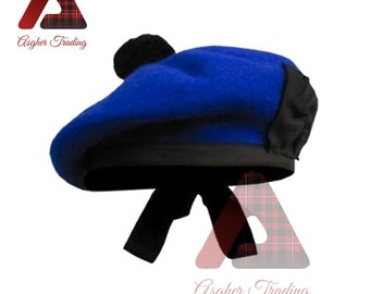 Scottish Handmade Highlander Military Piper Royal Blue Balmoral KILT Hat\Caps Bonnet Caps Piper Hat Traditional 100% Wool Celtic Kilts Cap