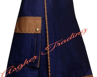 Handmade Navy Blue Cotton Utility Kilt: Scottish Style with Brown Trim