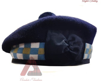 Cappello scozzese Highlander KILT Cappello 100% lana blu navy Cappello a cuffia Tan blu e bianco Pifferaio militare DICED Cappelli celtici BALMORAL Cappelli Kilt tradizionali