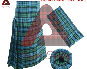 Tartan Maxi Kilted Skirt - Girls Hostess Skirt - Custom Made Anckle Length Women's Tartan Kilt - Tartan Skirt With Scarf and Tam Hat\Cap