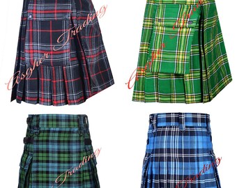 Handmade Scottish Tartan Utility Kilt – Adjustable Leather Straps, Cargo Pockets