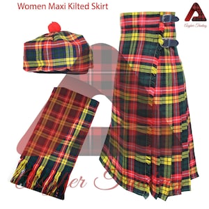 Tartan Maxi Kilted Skirt Buchanan Tartan Hostess Skirts - Women&#39;s Kilt - Custom Made Anckle Length Tartan Skirt - Free Scarf and Tammie Cap