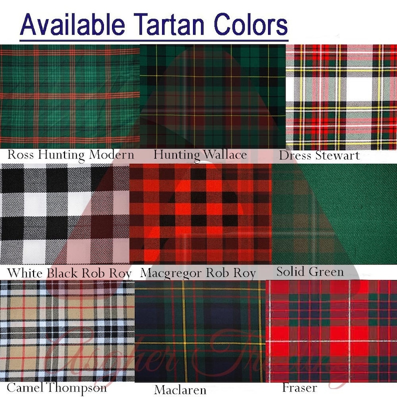 May include: A collage of nine different tartan patterns, each with a name label underneath. The patterns include Ross Hunting Modern, Hunting Wallace, Dress Stewart, White Black Rob Roy, Macgregor Rob Roy, Solid Green, Camel Thompson, Maclaren, and Fraser.