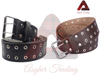 Genuine Leather Kilt Belt: Dual Prong, Silver Eyelet Utility Belt