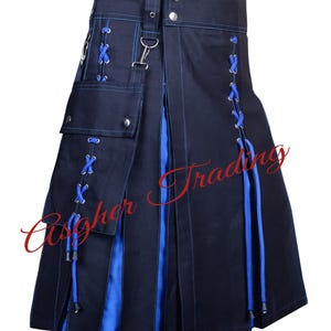 Handmade Black Cotton Utility Kilt: Royal Blue Pleats, Detachable Pockets