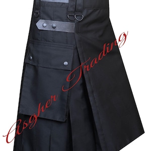 Handmade Black Cotton Utility Kilt: Leather Straps