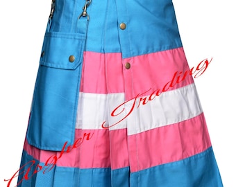 Trans Pride Utility Kilt Handgemaakte katoenen kilt met transgender vlagontwerp