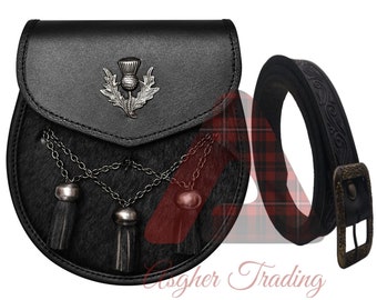 Black Leather Kilt Sporran: Thistle Emblem, Antique Tassels, Embossed Belt
