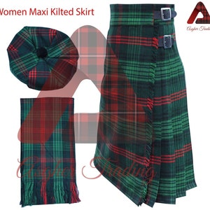 Tartan Maxi Kilted Skirt Ross Hunting Tartan Hostess Skirt Women&#39;s Kilt - Custom Made Anckle Length Tartan Skirt - Free Scarf and Tammie Cap