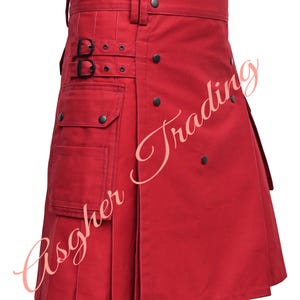 Kilt utilitaire en coton rouge fait main - Hybride pour homme avec poche cargo