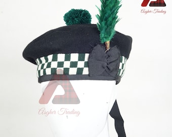 Sombrero escocés Highlander KILT 100% sombrero de lana negro sombrero verde y blanco doble DICED gorra militar Piper BALMORAL tradicional Kilt Piper sombreros