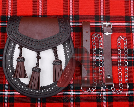 Scottish Leather Kilt Sporran with Adjustable Belt and Chain Kilt Emporium Adjustable Leather Sporran Belt with Metal  main image 3