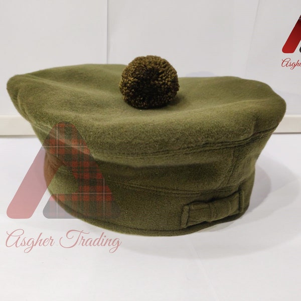 Tam O Shanter Hat Military Bonnet Beret Balmoral Cap Scott’s Hat 100% Lovat Green Wool - Casquette celtique - Casquette écossaise - Chapeau Balmoral canadien