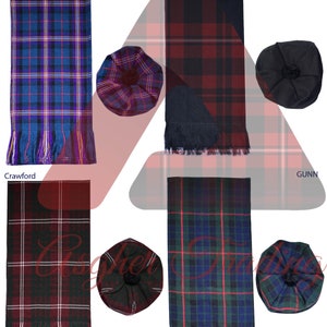 May include: Four sets of tartan scarves and tam hats. The scarves are hand-fringed and come in the patterns Masonic, Crawford, Gunn, and Plain Black. The tam hats are all black.