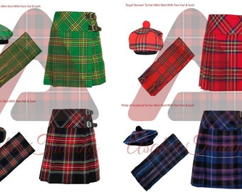 Scottish Tartan Mini Skirt for Women -  Handmade Mini Kilted Skirts - Tartan Tam Hat & Scarf - Custom Made Plaid Skirts - 50+ Tartans Choice