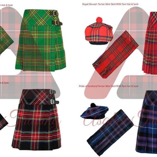 Mini jupe tartan écossais pour femme - Mini jupes kilttées faites main - Bonnet et écharpe Tartan Tam - Jupes écossaises sur mesure - 50+ choix de tartans