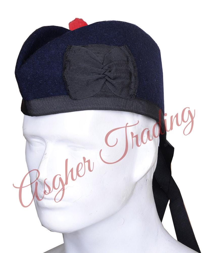 Cappello Scozzese Glengarry In Pura Lana – Con Pompon Blu (Toorie) E Nastri, Foderato, Taglia 7 1/2, Colore Blu Navy, Per Pipers E Tradizioni