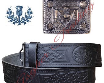 Cinto Kilt de couro preto com relevo de cardo: fivela antiga, estilo das Terras Altas da Escócia