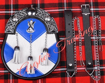 Scotland Flag Kilt Sporran: St Andrew Badge, Genuine Leather with Chain & Belt