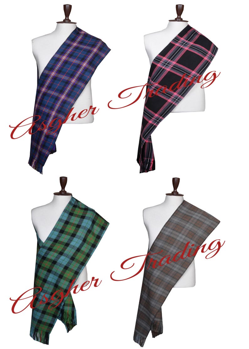 Handgemaakte Clan Tartan-sjaal: handgefranjerde acrylwol damessjerp (90 x 12 inch) afbeelding 1