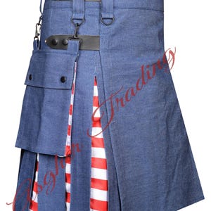 Herren Handgefertigter Blauer Denim Hybrid Kilt Schottischer Traditioneller Kilt - Abnehmbare Taschen Mode Gebrauch Kilt Benutzerdefinierte Größe