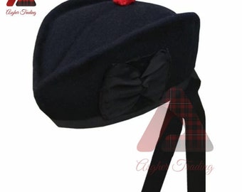 Scottish Handmade Highlander Military Piper Navy Blue Glengarry KILT Hat\Hats Bonnet Caps Piper Hat Traditional  100% Wool Celtic Kilts Cap