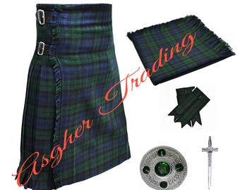 Handgjord skotsk tartankilt med svart urtavla: Traditionella 8-yardskiltar och accessoarer