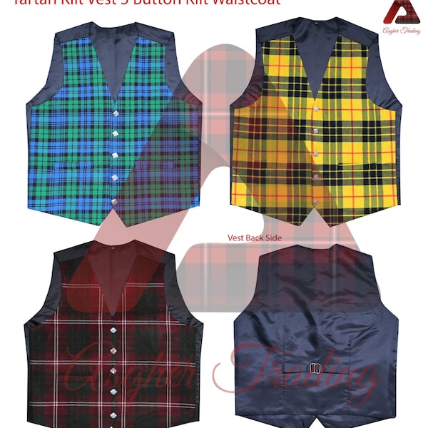 Scottish Tartan 5 Button Vest Formal Kilt WAISTCOAT - Highland Kilt Vest - Traditional kilt Vests - Tartan waistcoat for Men's 40 + Colors