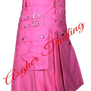 Handmade Pink Cotton Utility Kilt: Scottish Cargo Pocket Fashion